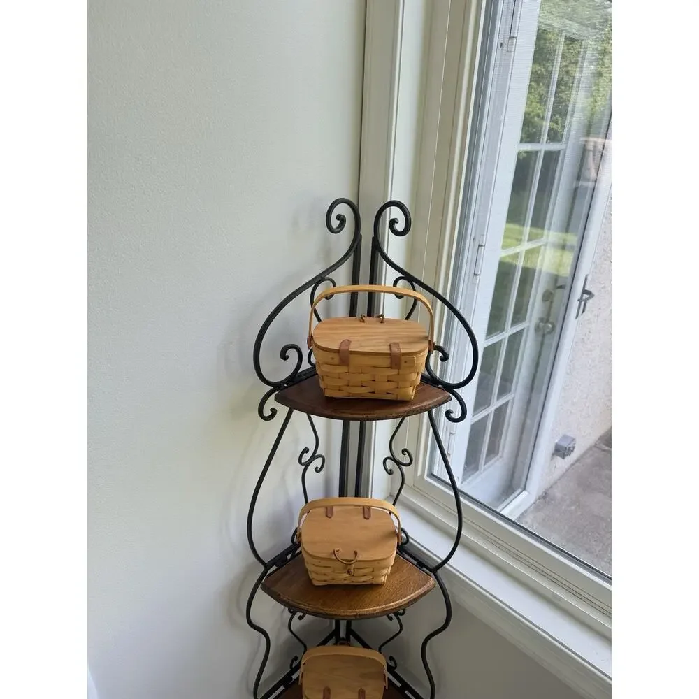 Vintage 3 Tier Folding Corner Shelf Wrought Iron Wood Etagere Plant Stand 48